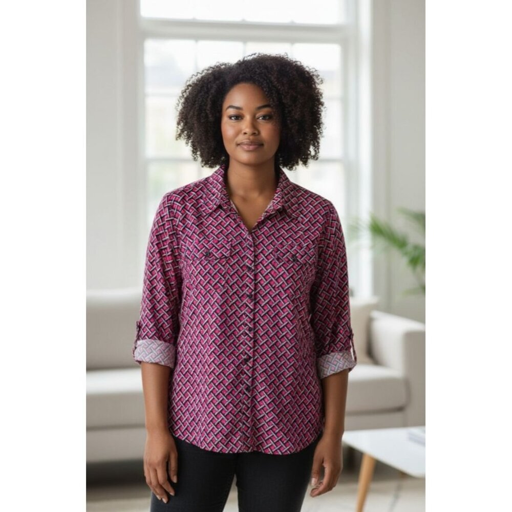 Notations Women's Button Down Blouse Tab Sleeved multicolor Size 3X